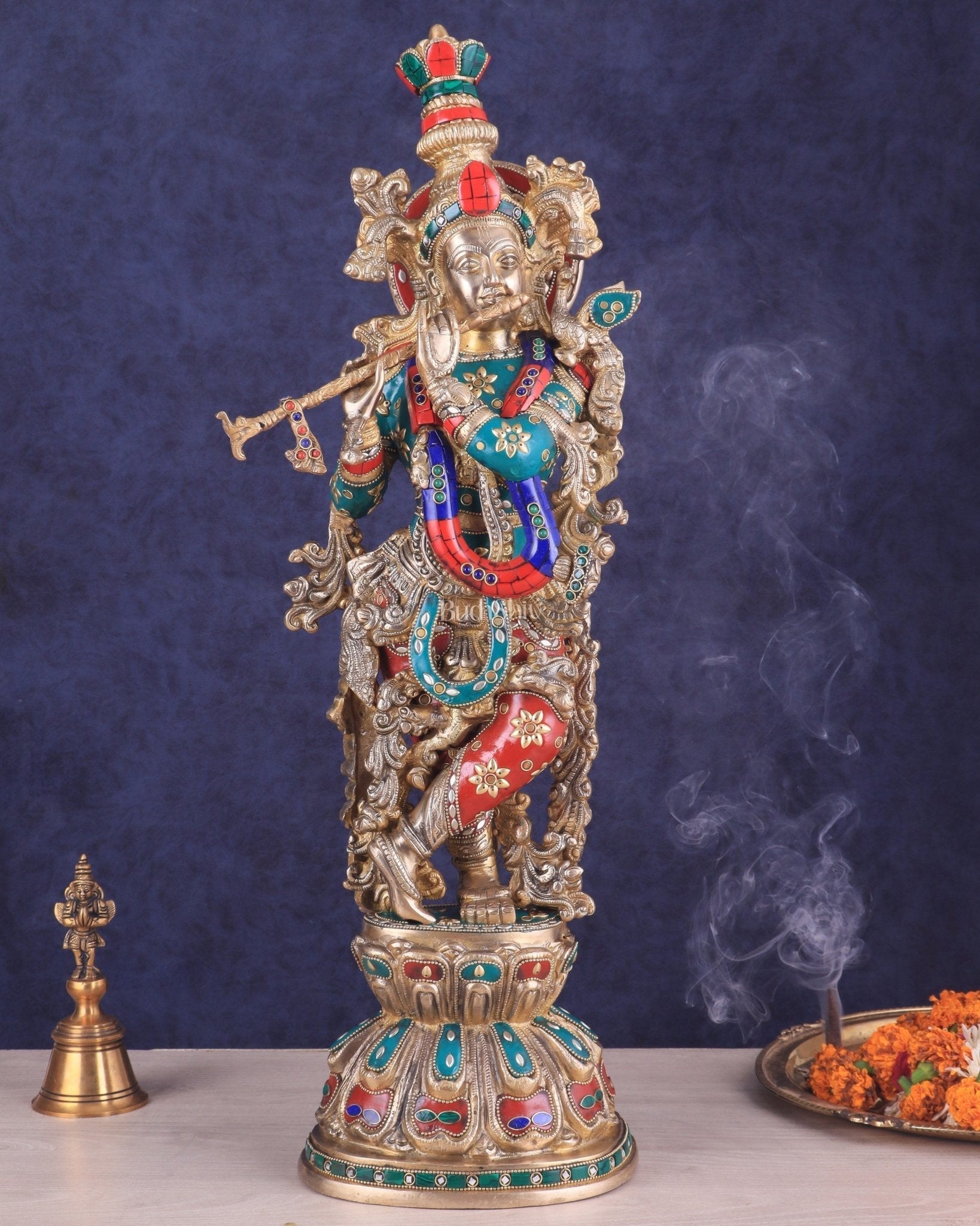 Brass Lord Krishna Statue with stonework 25 inch | 100% Certified Copper & Brass - Sama Homes Idol - Brass Sculpture - Eco-friendly - Sama Homes