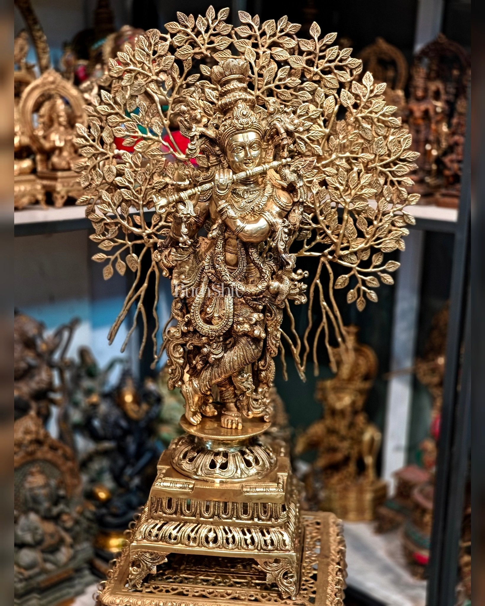 Brass Lord Krishna statue with tree - 36 inch | 100% Certified Copper & Brass - Sama Homes Idol - Brass Sculpture - Eco-friendly - Sama Homes