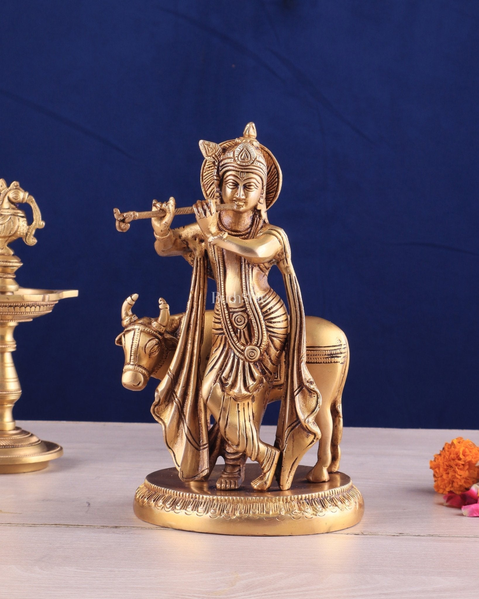Brass Lord Krishna with Cow Idol - Intricately Handcrafted, 8.5 Inches | 100% Certified Copper & Brass - Sama Homes Idol - Brass Sculpture - Eco-friendly - Sama Homes