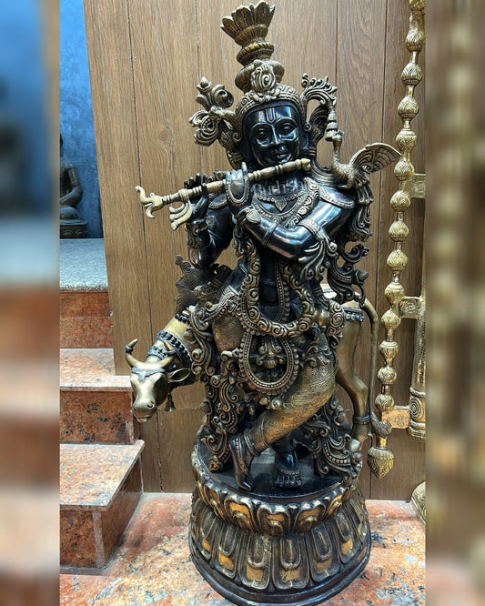 Brass Lord Krishna with Cow Statue | Large Size | 46"/ 4 feet | 100% Certified Copper & Brass - Sama Homes Idol - Brass Sculpture