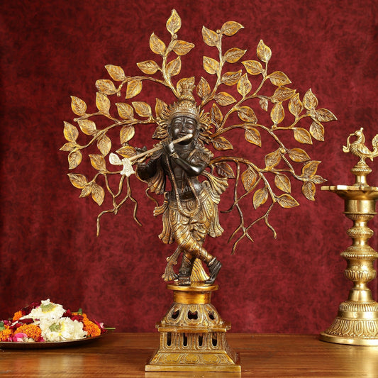 Brass Lord Krishna with Kalpavriksha tree black statue 21 inch | 100% Certified Copper & Brass - Sama Homes Idol - Brass Sculpture