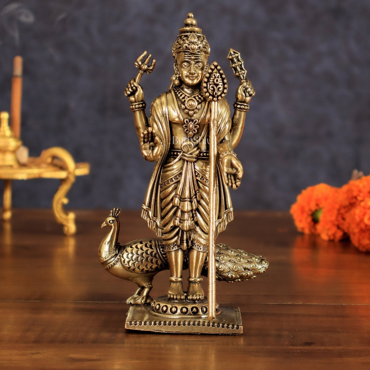 Brass Lord Murugan Swamy Kartikeya Intricate Idol - 6 Inch | 100% Certified Copper & Brass - Sama Homes Idol - Brass Sculpture