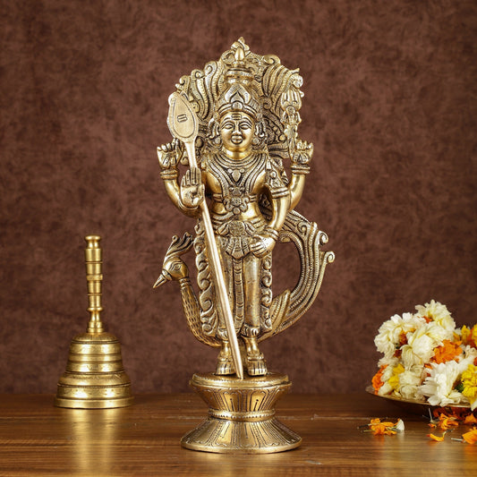 Brass Lord Murugan with Peacock Idol | Height: 14 inch | 100% Certified Copper & Brass - Sama Homes Idol - Brass Sculpture