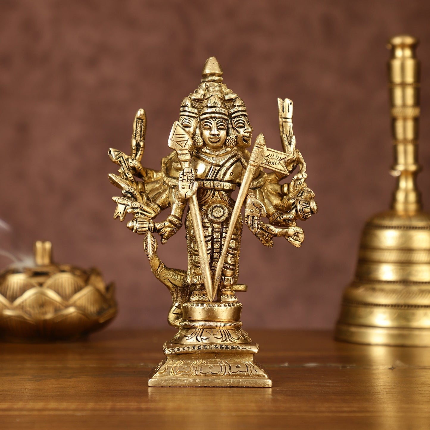 Brass Lord Shanmugar Murugan Kartikeya Standing with Peacock Idol | 6 Inch | 100% Certified Copper & Brass - Sama Homes Idol - Brass Sculpture