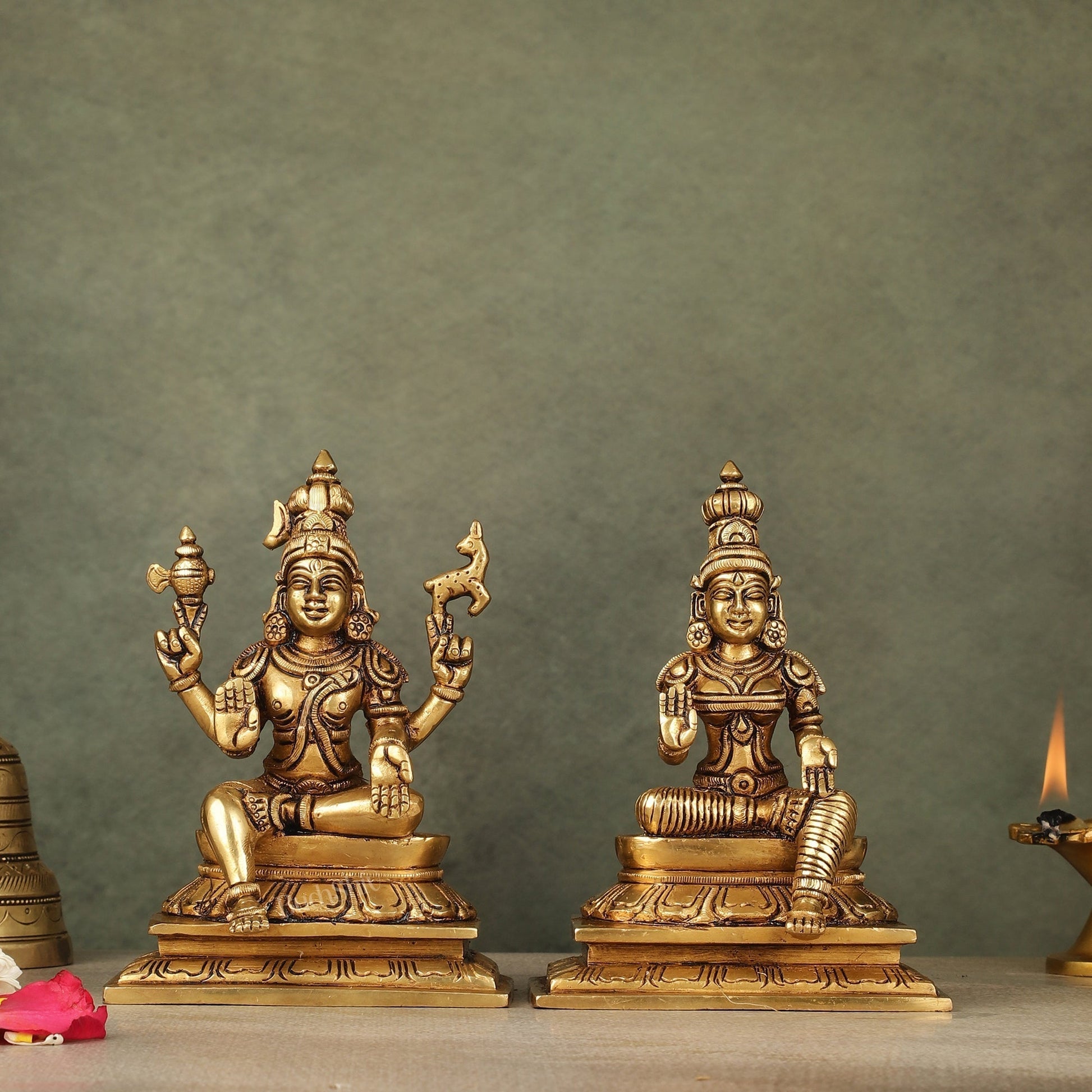 Brass Lord Shiva and Goddess Parvati Sitting Idols - 6.5 inch | 100% Certified Copper & Brass - Sama Homes Idol - Brass Sculpture - Eco-friendly - Sama Homes
