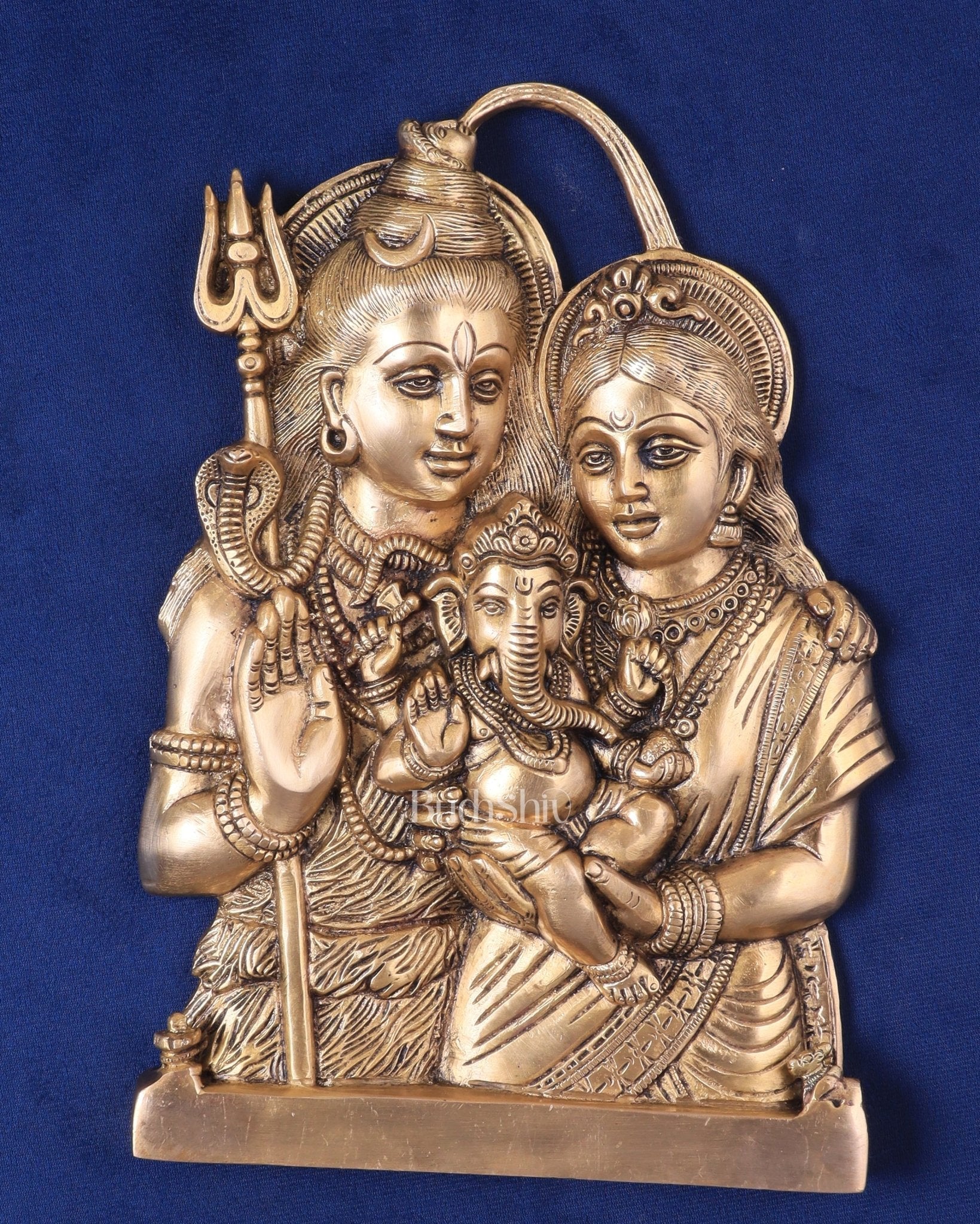 Brass Lord Shiva and Goddess Parvati with Baby Ganesha Wall Hanging – Auspicious 11.5" | 100% Certified Copper & Brass - Sama Homes Idol - Brass Sculpture - Eco-friendly - Sama Homes