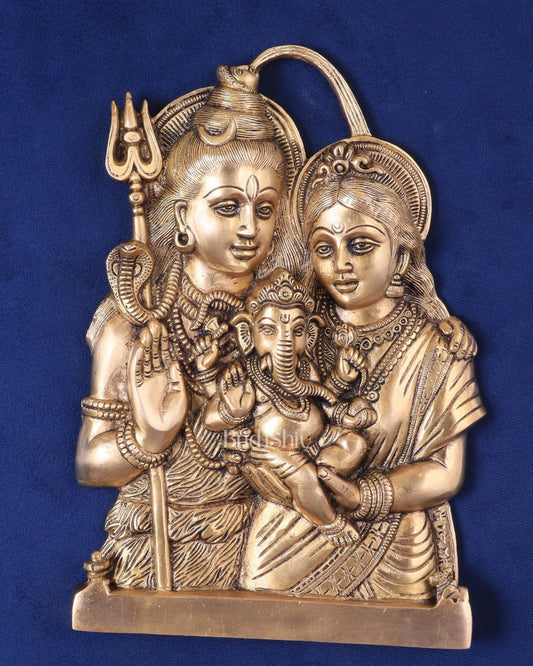 Brass Lord Shiva and Goddess Parvati with Baby Ganesha Wall Hanging – Auspicious 11.5" | 100% Certified Copper & Brass - Sama Homes Idol - Brass Sculpture