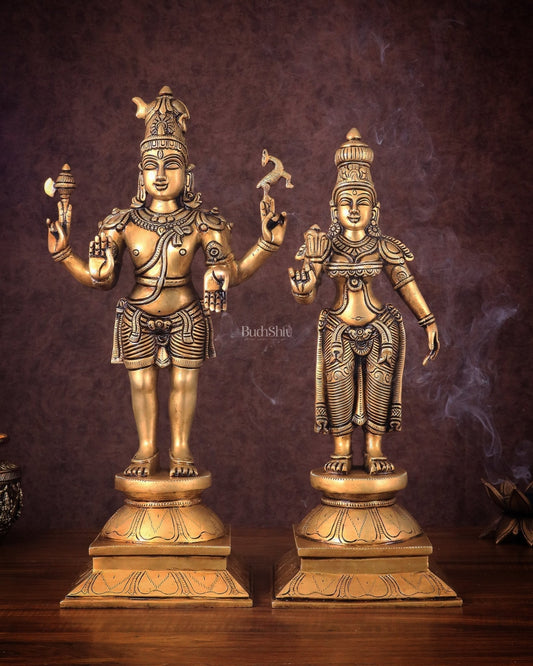 Brass Lord Shiva and Parvati Idol | 18" Height | 100% Certified Copper & Brass - Sama Homes Idol - Brass Sculpture