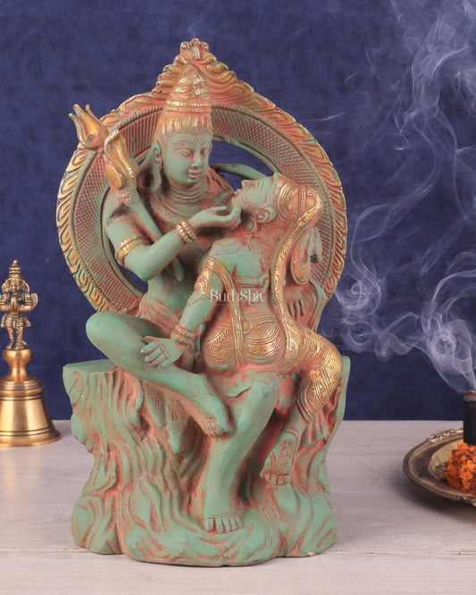 Brass Lord Shiva and Parvati Statue | Antique Green Patina | 12.7" | 100% Certified Copper & Brass - Sama Homes Idol - Brass Sculpture