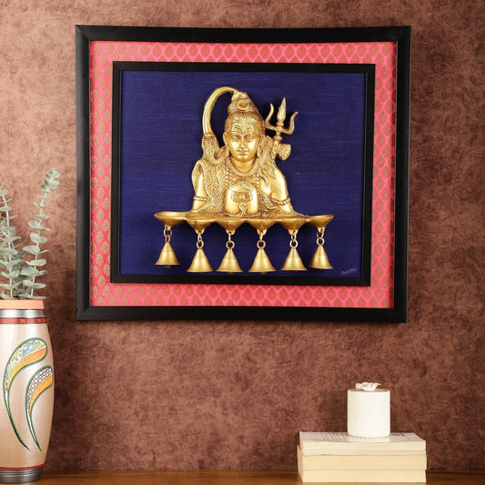 Brass Lord Shiva Diya on Wooden Frame with Premium Fabric | 19 Inch Wall Hanging | 100% Certified Copper & Brass - Sama Homes Idol - Brass Sculpture