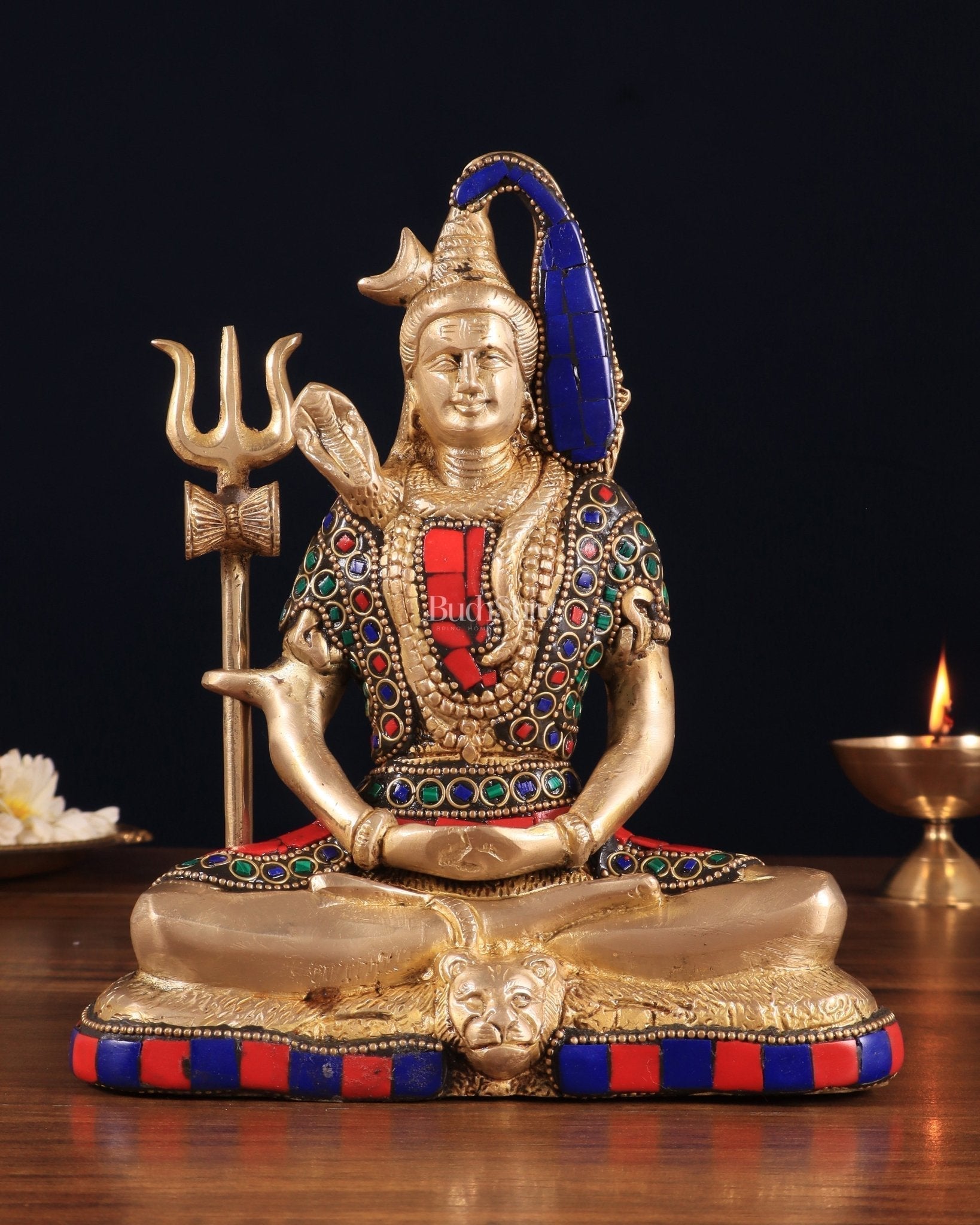 Brass Lord Shiva in Meditation Statue 8" meenakari Stonework | 100% Certified Copper & Brass - Sama Homes Idol - Brass Sculpture - Eco-friendly - Sama Homes