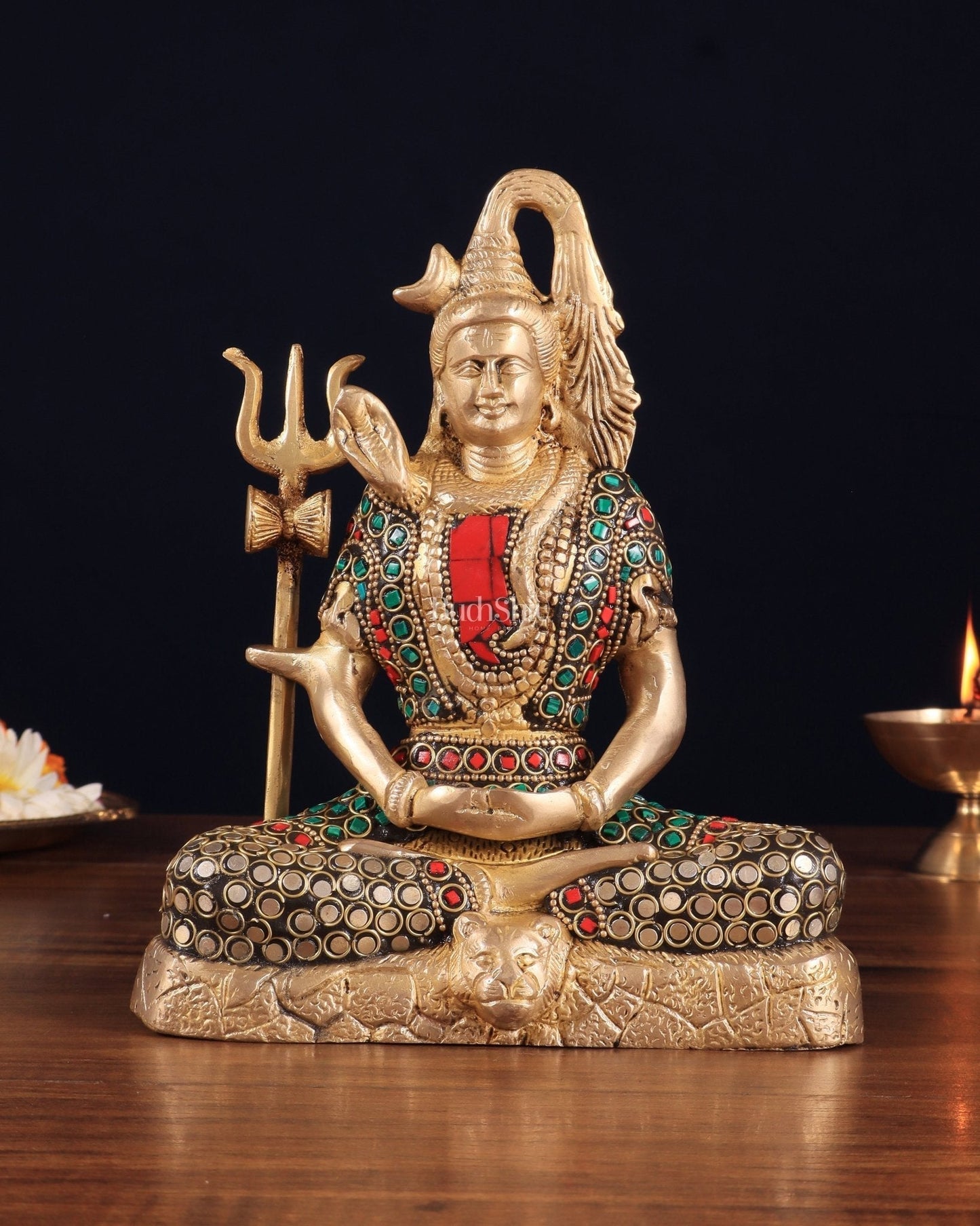 Brass Lord Shiva in Meditation Statue 8" meenakari Stonework | 100% Certified Copper & Brass - Sama Homes Idol - Brass Sculpture