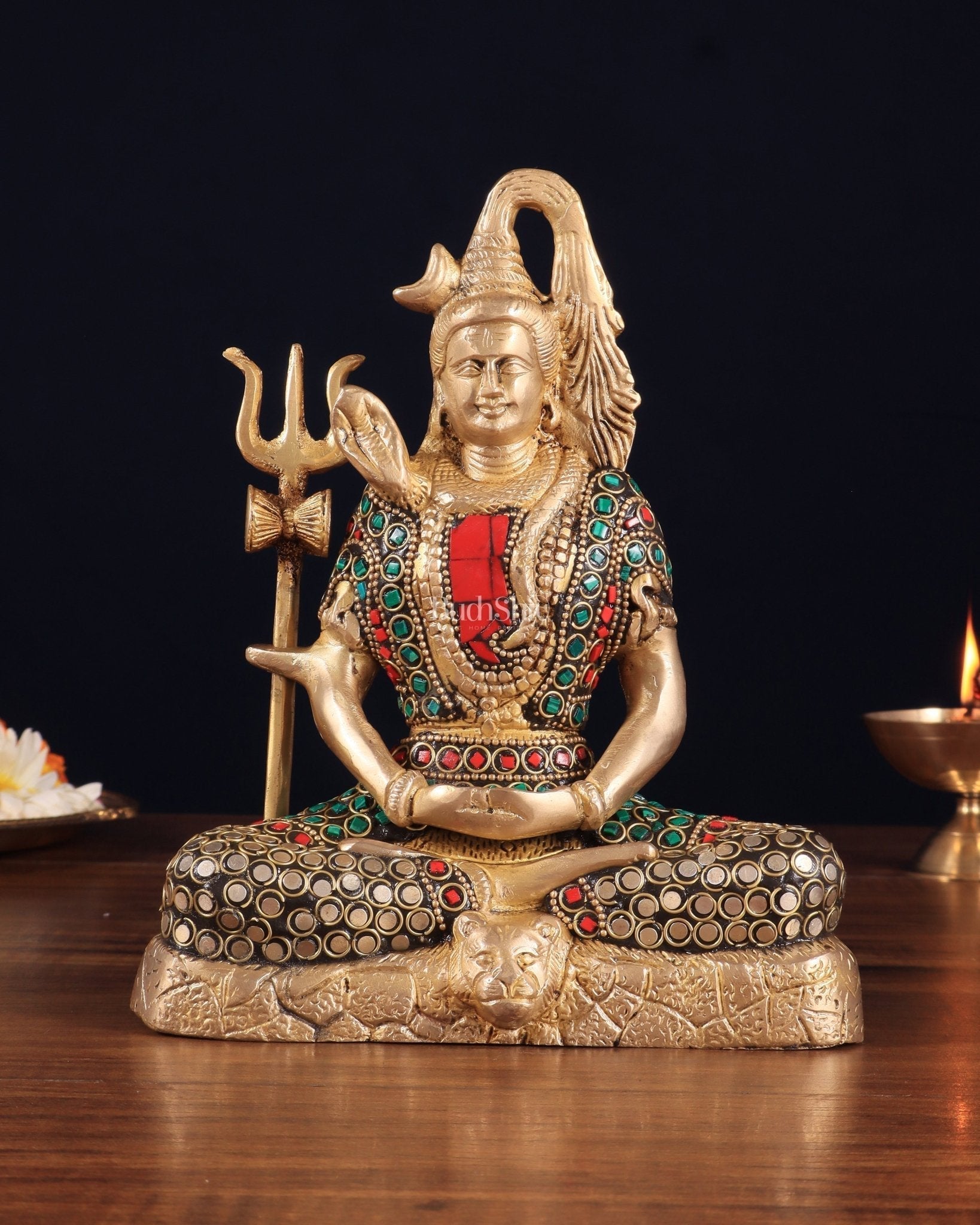 Brass Lord Shiva in Meditation Statue 8" meenakari Stonework | 100% Certified Copper & Brass - Sama Homes Idol - Brass Sculpture - Eco-friendly - Sama Homes