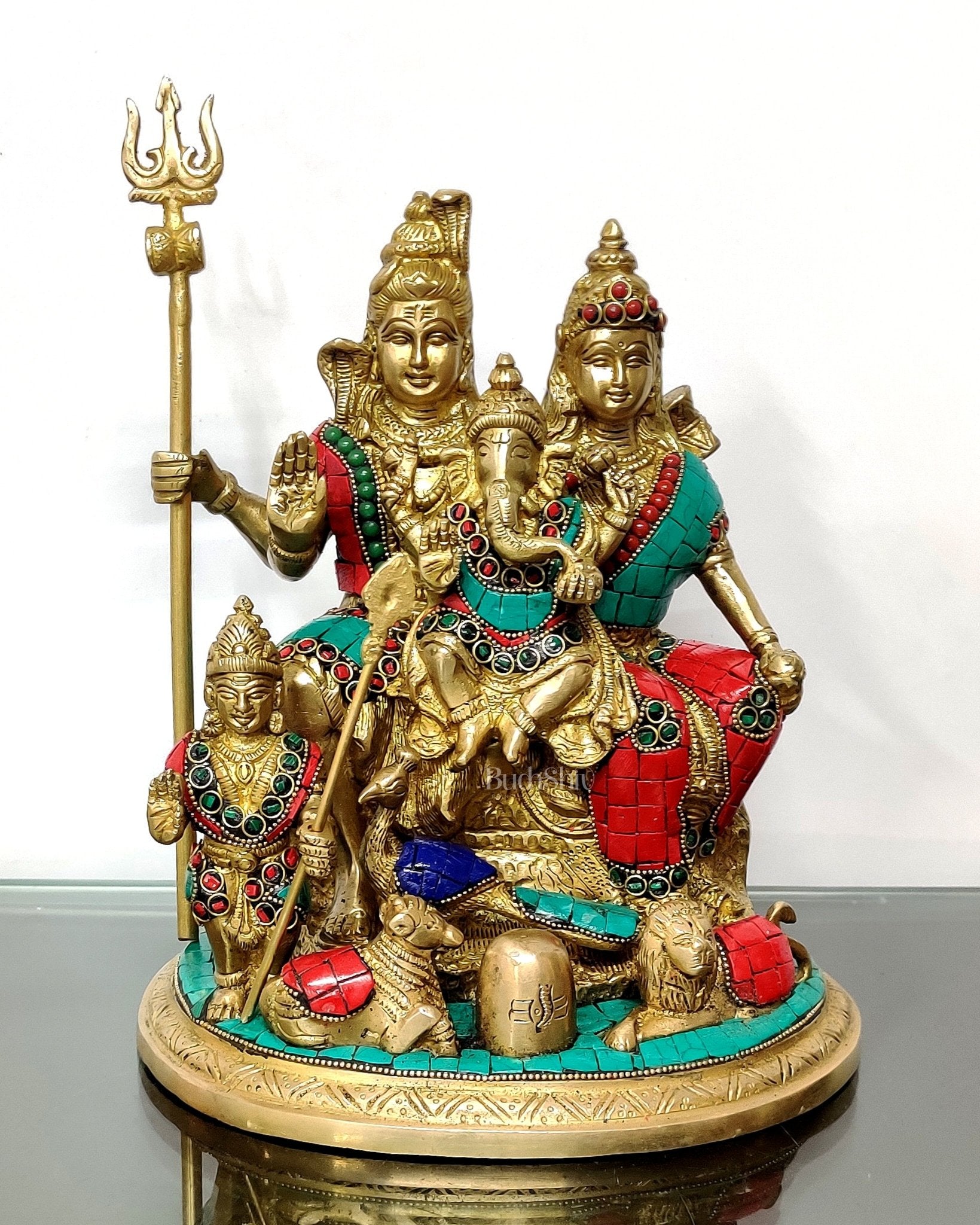 Brass Lord Shiva Parivaar Idol stonework 9.5 inch | 100% Certified Copper & Brass - Sama Homes Idol - Brass Sculpture - Eco-friendly - Sama Homes