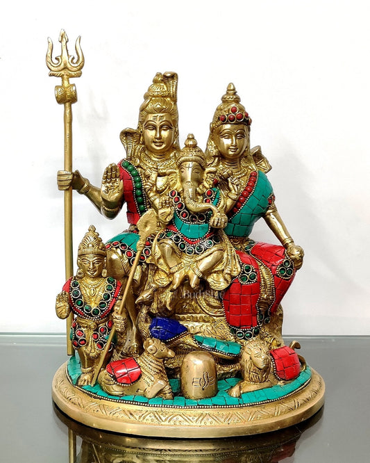 Brass Lord Shiva Parivaar Idol stonework 9.5 inch | 100% Certified Copper & Brass - Sama Homes Idol - Brass Sculpture
