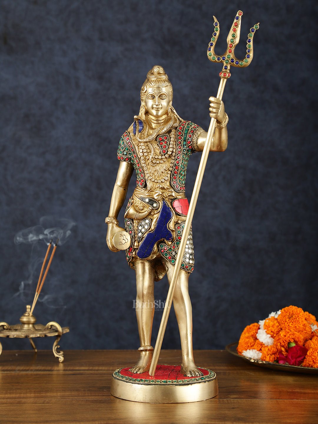 Brass lord Shiva standing Statue with Damru and Trishul – 18" Height, Meenakari Stonework | 100% Certified Copper & Brass - Sama Homes Idol - Brass Sculpture - Eco-friendly - Sama Homes