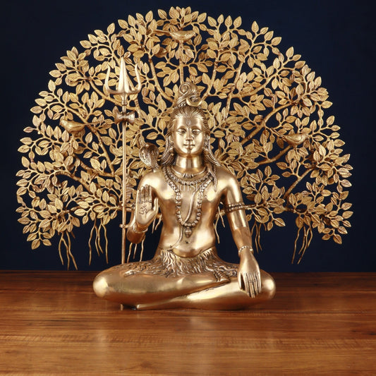 Brass Lord Shiva Statue aashirwad & Superfine Kalpavriksha Tree – Divine Decor Combo | 100% Certified Copper & Brass - Sama Homes Idol - Brass Sculpture
