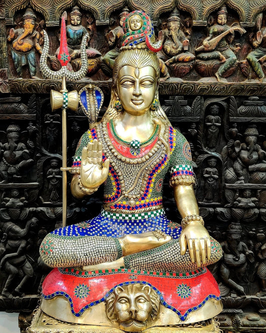 Brass Lord Shiva Statue in Dhayana Aashirwaad Mudra - 36" | 100% Certified Copper & Brass - Sama Homes Idol - Brass Sculpture