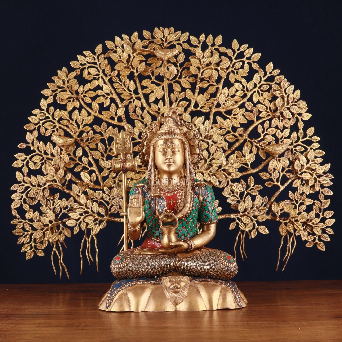 Brass Lord Shiva Statue & Kalpavriksha Tree – Divine Decor Combo | 100% Certified Copper & Brass - Sama Homes Idol - Brass Sculpture