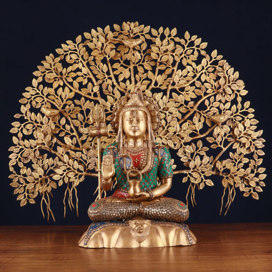 Brass Lord Shiva Statue & Kalpavriksha Tree – Divine Decor Combo | 100% Certified Copper & Brass - Sama Homes Idol - Brass Sculpture