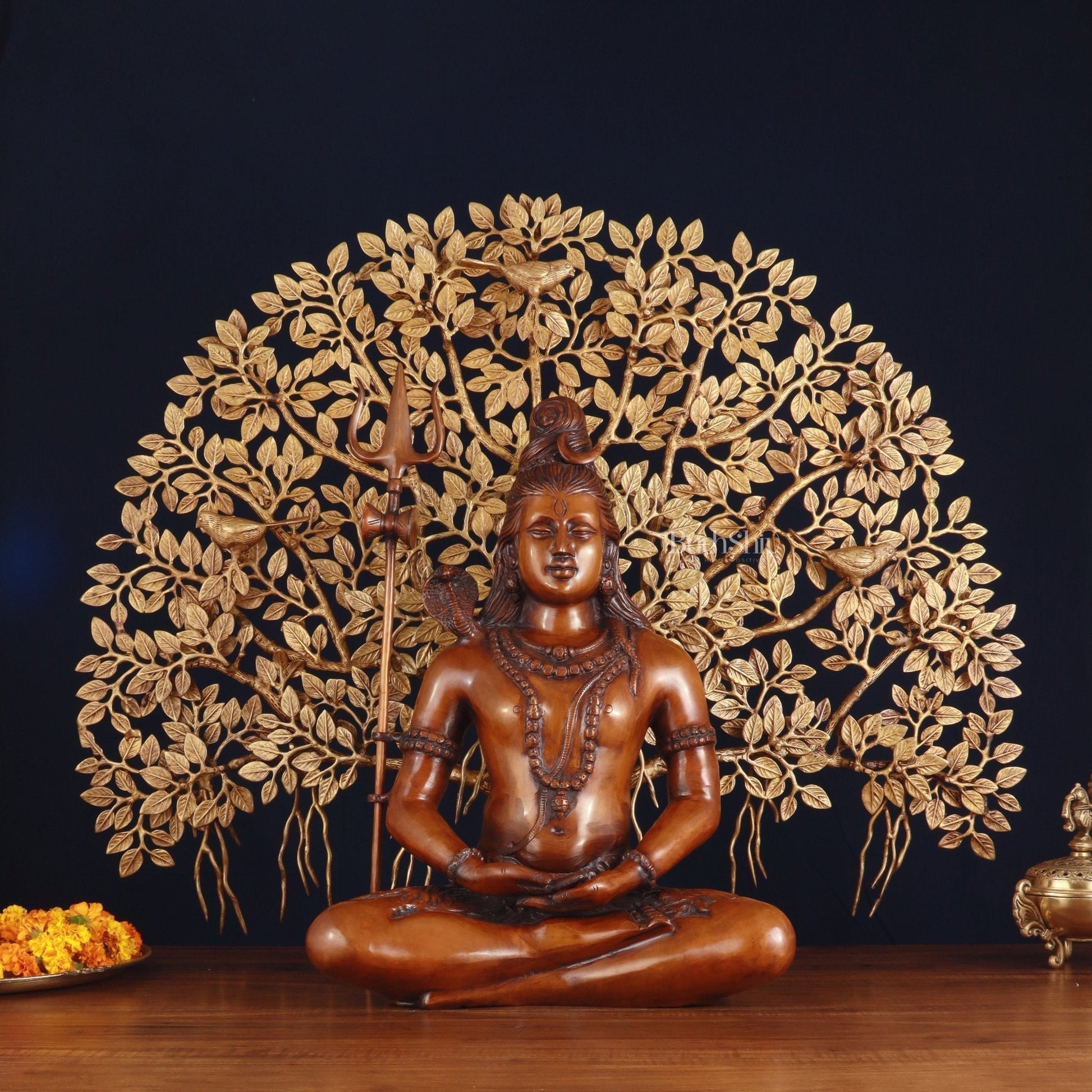 Brass Lord Shiva Statue & Superfine Kalpavriksha Tree – Divine Decor Combo | 100% Certified Copper & Brass - Sama Homes Idol - Brass Sculpture - Eco-friendly - Sama Homes