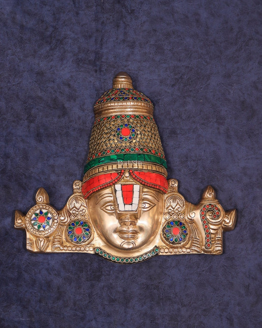 Brass Lord Tirupati Balaji Face with Shankhu Chakra | 12x13 inch | 100% Certified Copper & Brass - Sama Homes Idol - Brass Sculpture