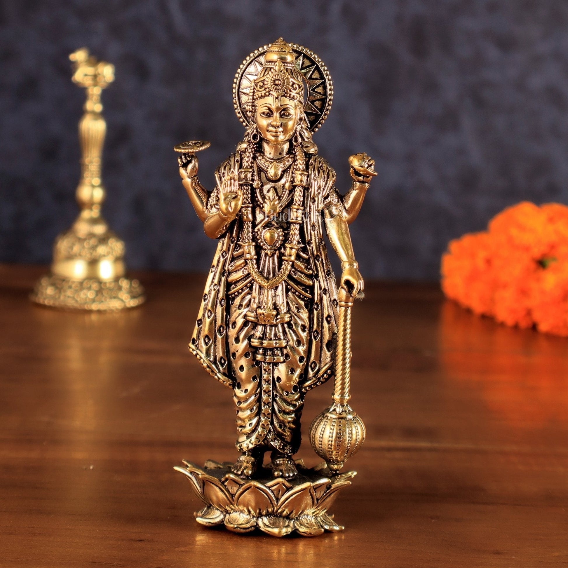 Brass Lord Vishnu Standing Blessing Idol - 5.25 Inch | 100% Certified Copper & Brass - Sama Homes Idol - Brass Sculpture - Eco-friendly - Sama Homes