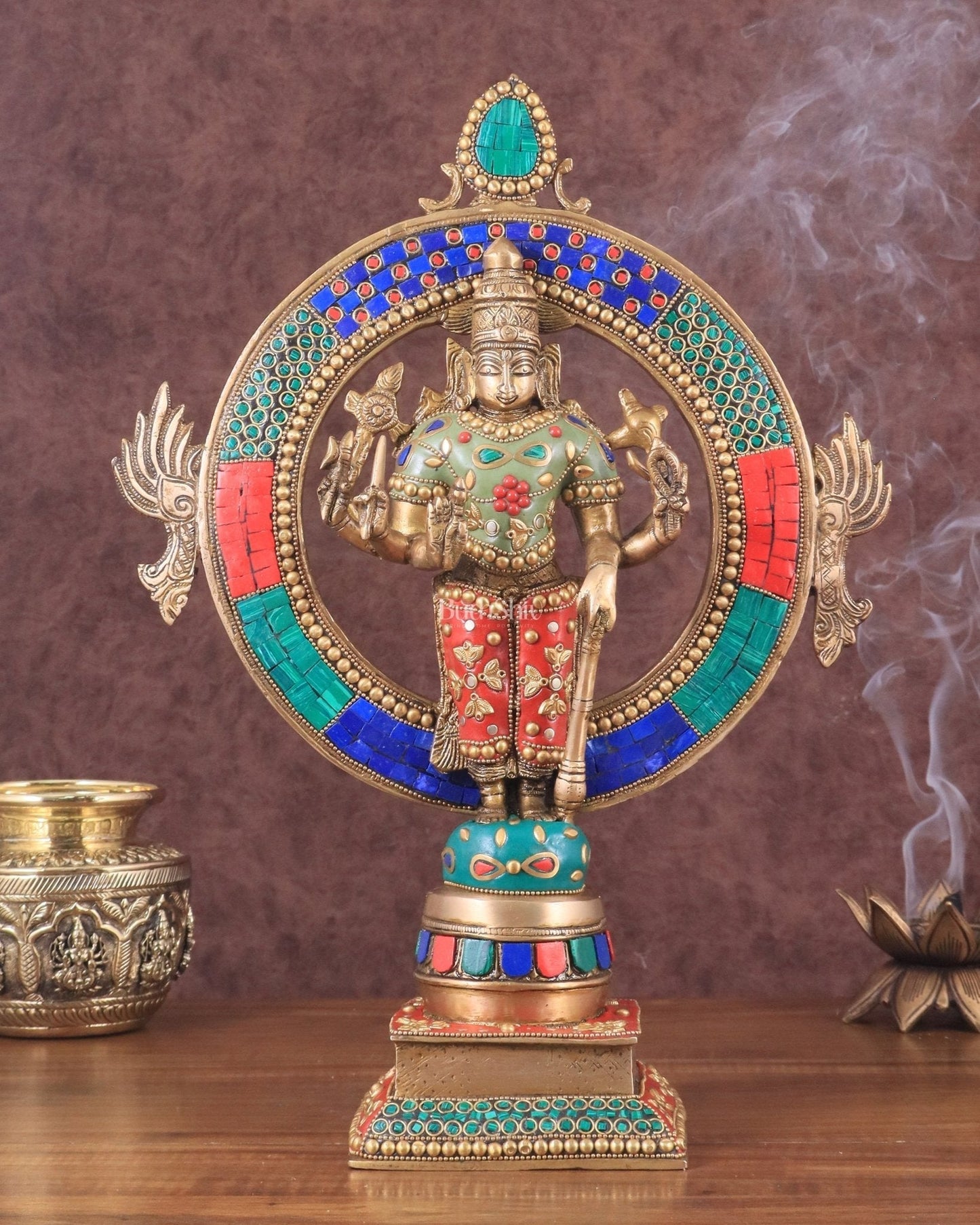 Brass Lord Vishnu Statue with Sudarshan Chakra Aura - 16.5 Inch meenakari | 100% Certified Copper & Brass - Sama Homes Idol - Brass Sculpture