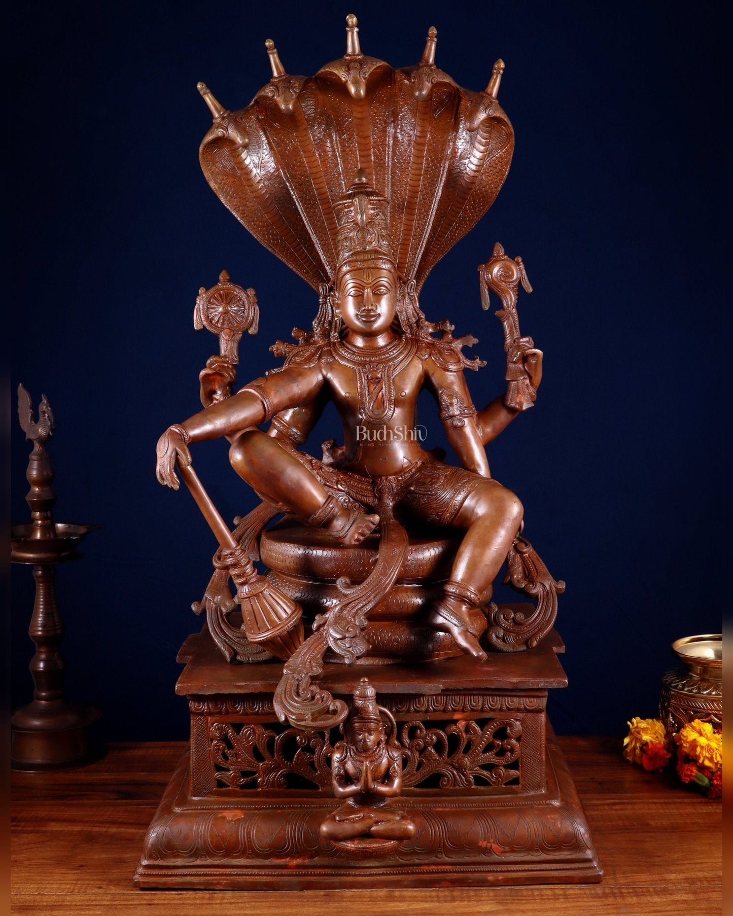 Brass Lord Vishnu with Sheshanaag & Hanuman – 29” Chola Bronze Layered | 100% Certified Copper & Brass - Sama Homes Idol - Brass Sculpture