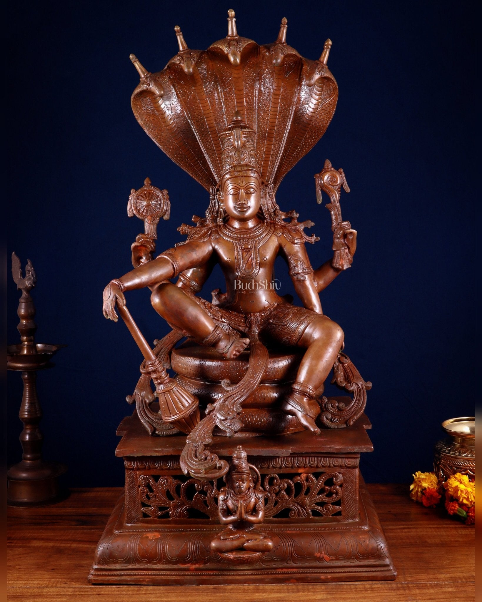 Brass Lord Vishnu with Sheshanaag & Hanuman – 29” Chola Bronze Layered | 100% Certified Copper & Brass - Sama Homes Idol - Brass Sculpture - Eco-friendly - Sama Homes