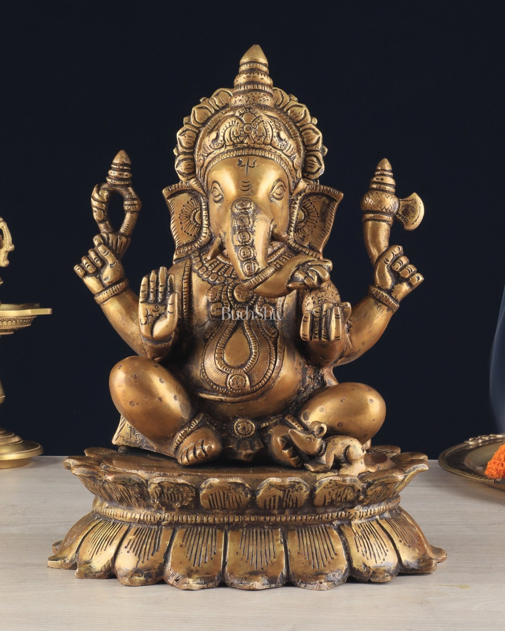 Brass Lotus Ganesha Statue - Dull Gold Finish 12" | 100% Certified Copper & Brass - Sama Homes Idol - Brass Sculpture - Eco-friendly - Sama Homes