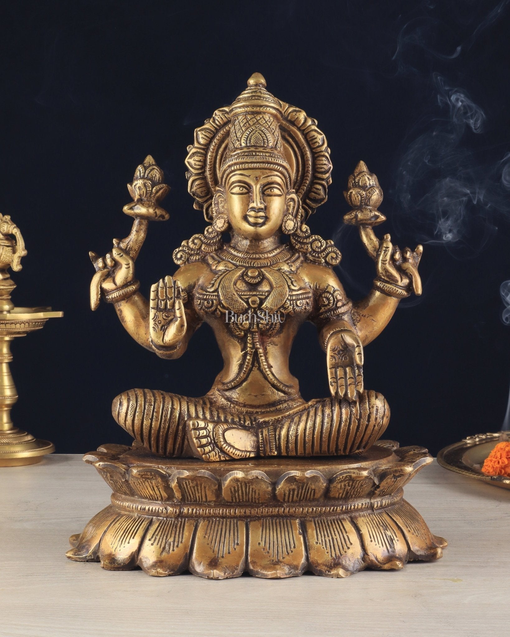 Brass Lotus Lakshmi Statue - Dull Gold Finish 12" | 100% Certified Copper & Brass - Sama Homes Idol - Brass Sculpture - Eco-friendly - Sama Homes