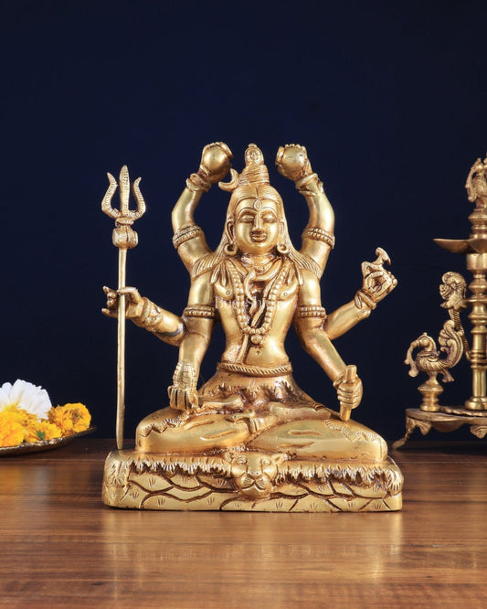 Brass Mahamrityunjay Shiva Shambho Sculpture – 10" x 8" x 5" | Powerful Artistic Idol | 100% Certified Copper & Brass - Sama Homes Idol - Brass Sculpture