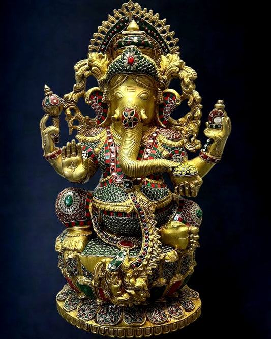 Brass Majestic Ganesha statue 26 inch with meenakari | 100% Certified Copper & Brass - Sama Homes Idol - Brass Sculpture