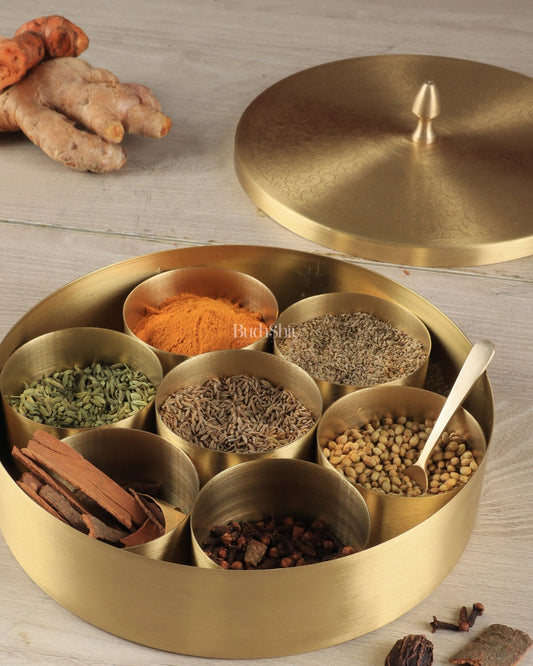 Brass Masala Box Daani – Round Spice Container, 2.5"x6"x6" – Sama Homes