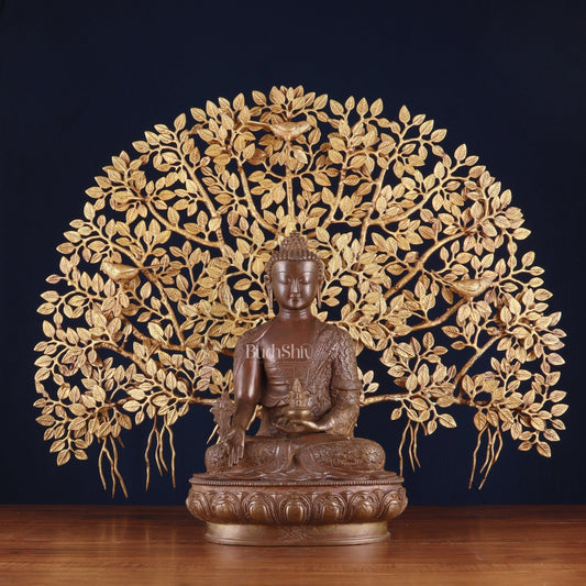 Brass Medicine Buddha Statue with Copper Finish & Superfine Kalpavriksha Tree – Spiritual Decor Set | 100% Certified Copper & Brass - Sama Homes Idol - Brass Sculpture