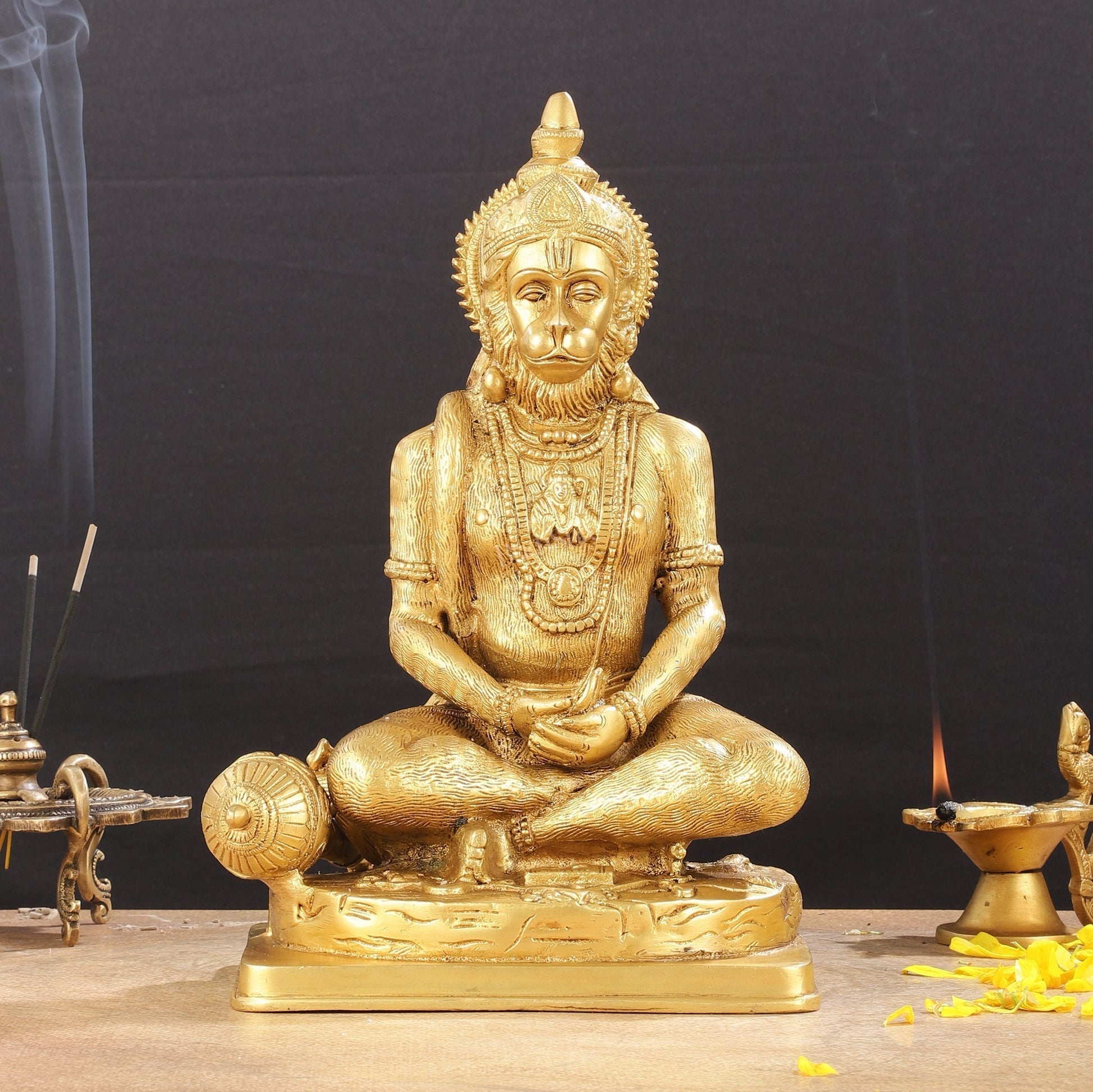 Brass Meditation Hanuman Idol 11-Inch | 100% Certified Copper & Brass - Sama Homes Idol - Brass Sculpture - Eco-friendly - Sama Homes
