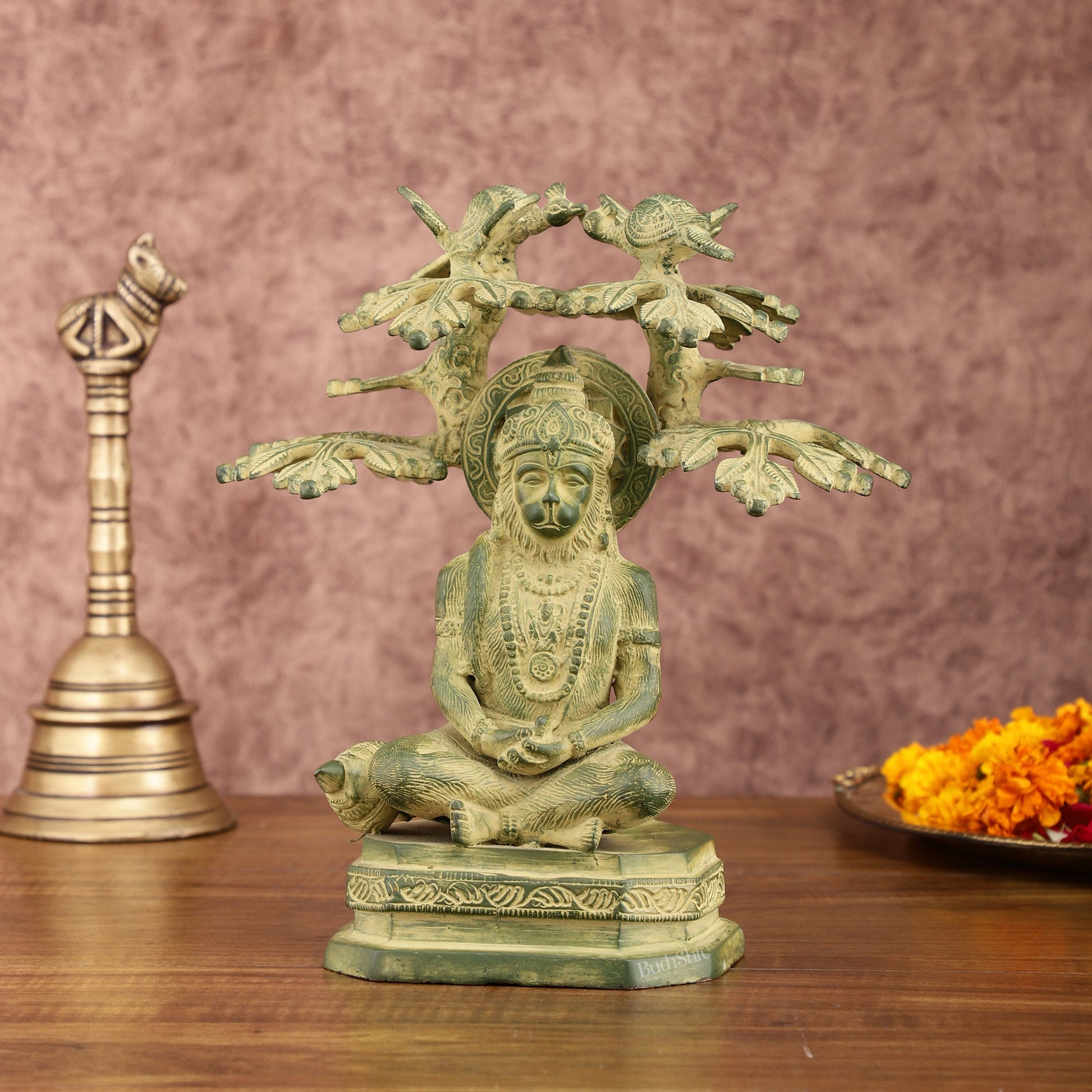 Brass Meditative Hanuman Statue Under Tree | Antique Green Patina | 10 Inch | 100% Certified Copper & Brass - Sama Homes Idol - Brass Sculpture - Eco-friendly - Sama Homes