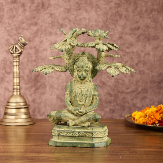 Brass Meditative Hanuman Statue Under Tree | Antique Green Patina | 10 Inch | 100% Certified Copper & Brass - Sama Homes Idol - Brass Sculpture