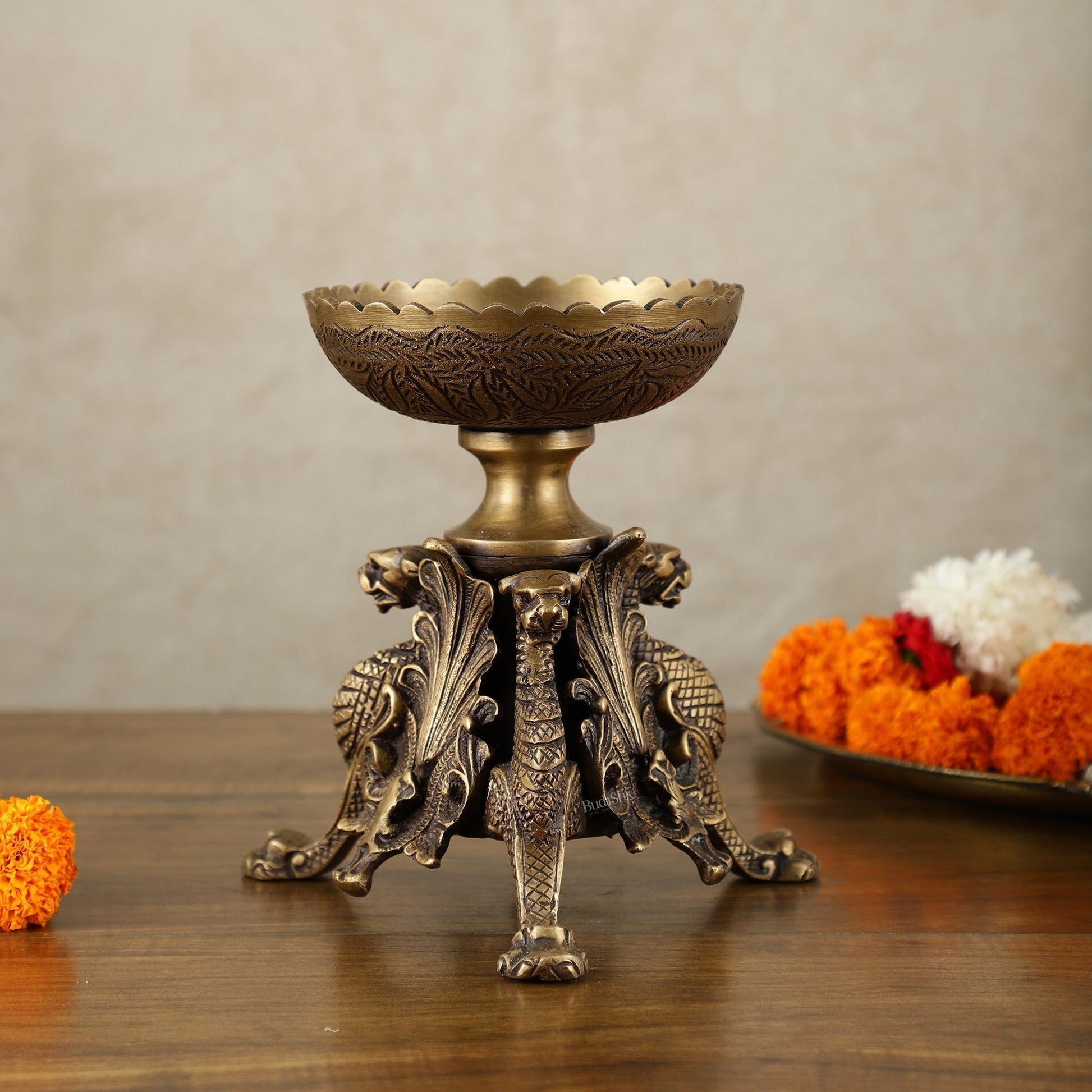 Brass Multi-Purpose Bowl with Yali Lion Stand | 8" – Sama Homes - Eco-friendly - Sama Homes