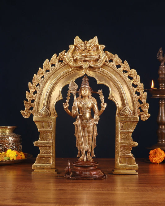 Brass Murugan Swamy Statue & Prabhavali Arch Frame 17" | 100% Certified Copper & Brass - Sama Homes Idol - Brass Sculpture