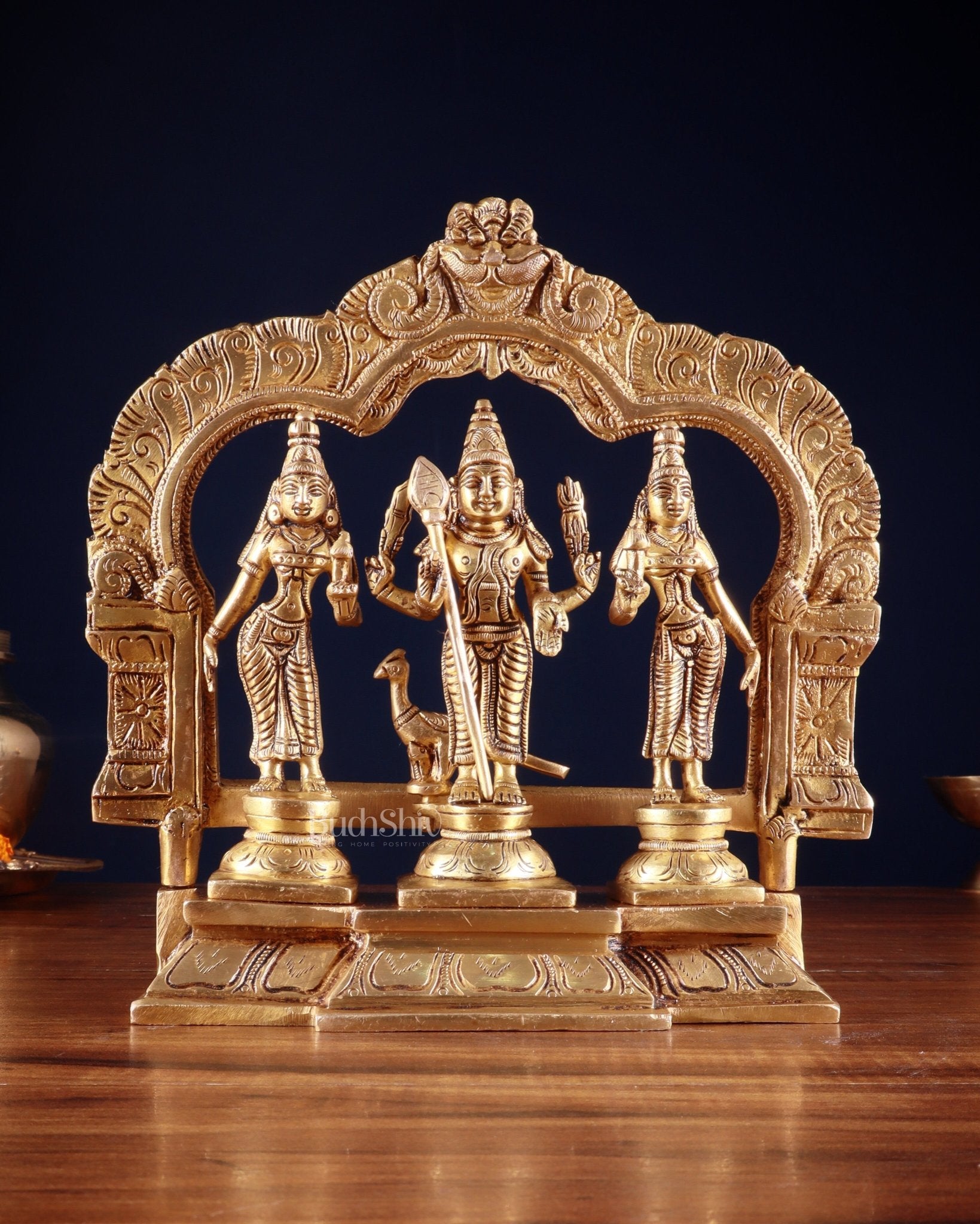 Brass Murugan Valli Deivayanai Idol Set with Prabhavali – 8.5” - Eco-friendly - Sama Homes