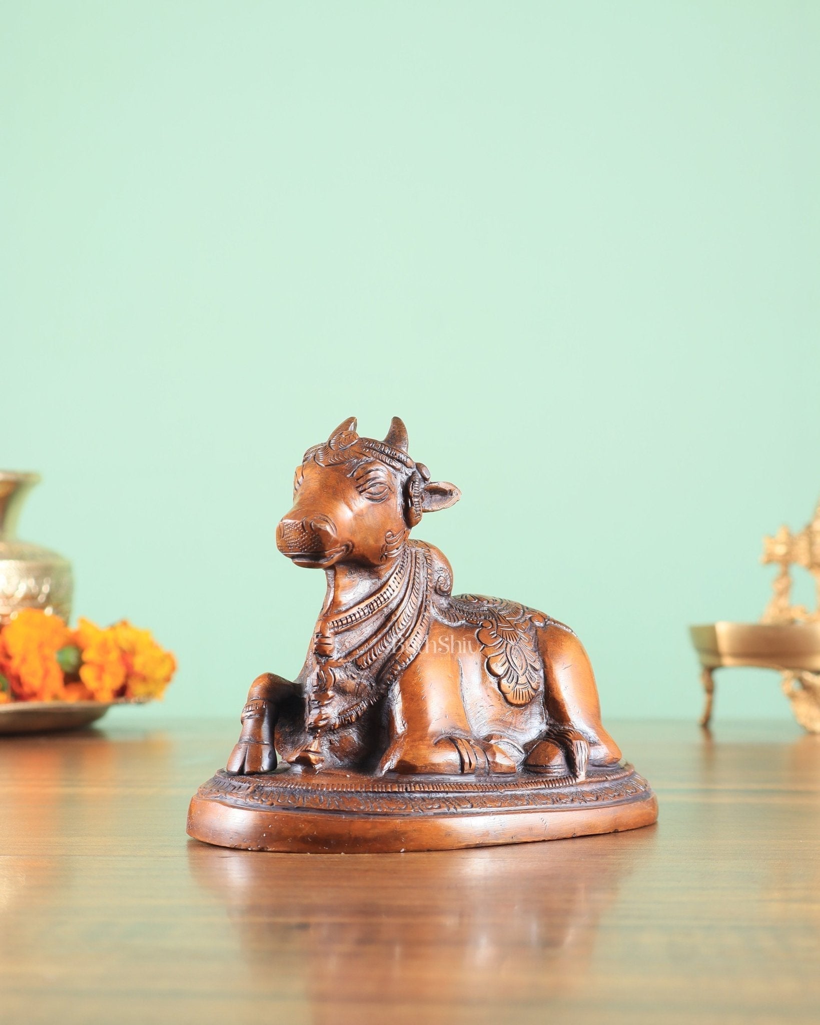 Brass Nandi Bull Idol copper tone | 5.5 inch | 100% Certified Copper & Brass - Sama Homes Idol - Brass Sculpture - Eco-friendly - Sama Homes