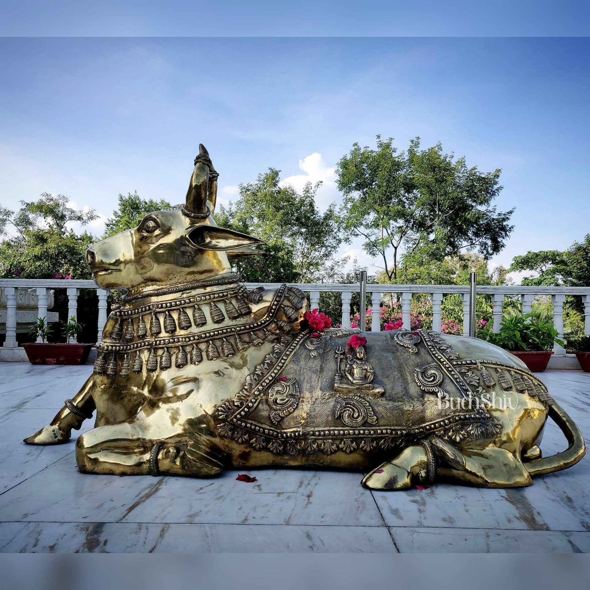Brass Nandi Statue with Lord Shiva Carvings – Massive 44