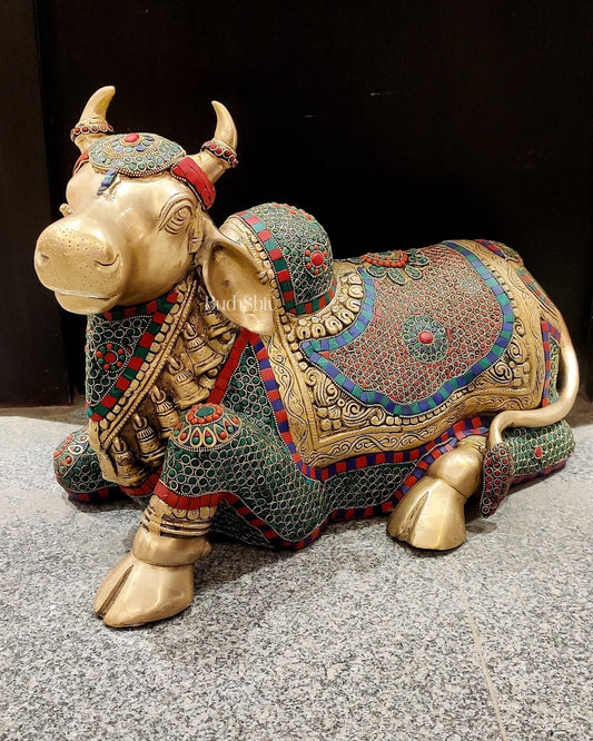 Brass Nandi Statue with Stonework - 15 inch | 100% Certified Copper & Brass - Sama Homes Idol - Brass Sculpture