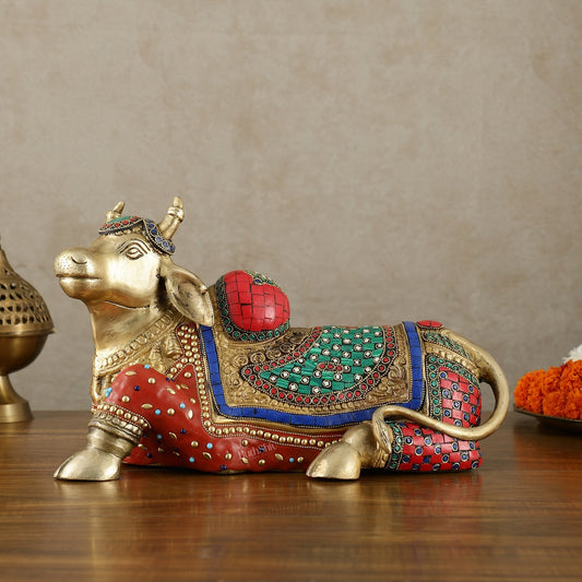 Brass Nandi Statue with Stonework - 15 inch | 100% Certified Copper & Brass - Sama Homes Idol - Brass Sculpture