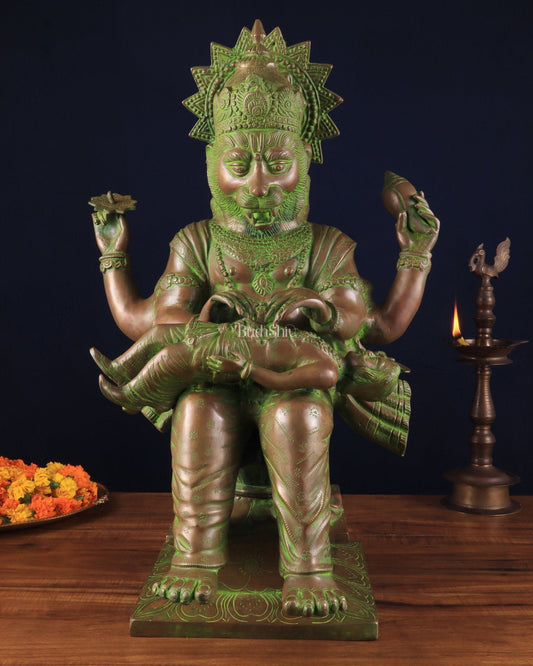 Brass Narasimha Killing Hiranyakashipu Statue – 25.3" x 16" x 13.5" | Bronze-Tone Divine Protector | 100% Certified Copper & Brass - Sama Homes Idol - Brass Sculpture