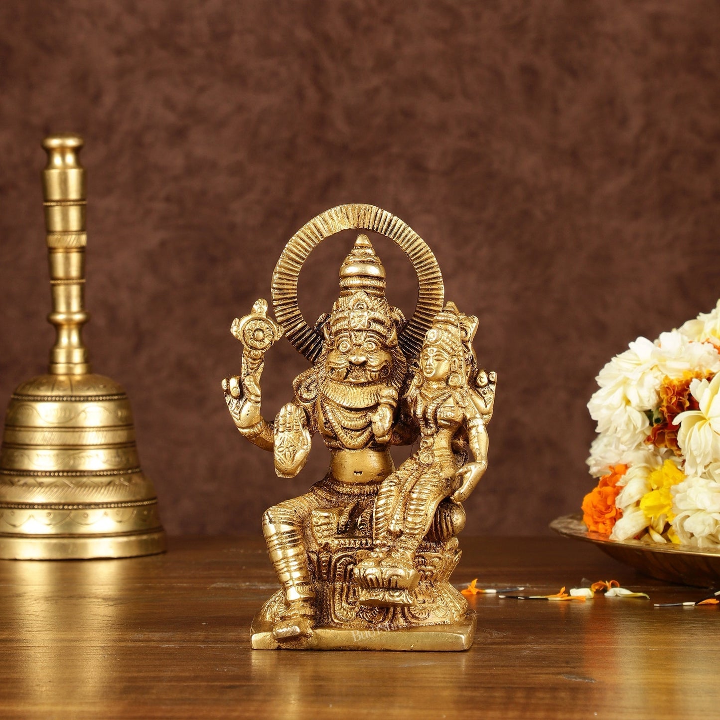 Brass Narasimha Lakshmi Idol | Height: 6 inch | 100% Certified Copper & Brass - Sama Homes Idol - Brass Sculpture