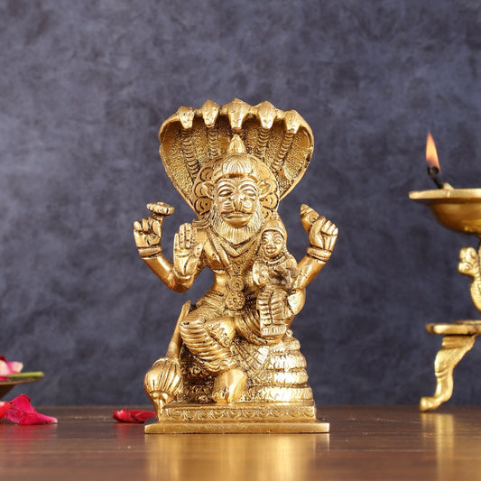 Brass Narsimha Lakshmi Idol 5.5 Inch | 100% Certified Copper & Brass - Sama Homes Idol - Brass Sculpture