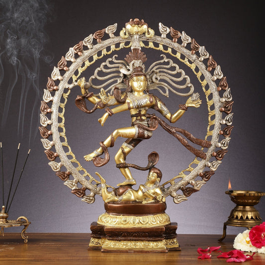 Brass Nataraja Statue with Om Three-Tone Finish - 20 Inch Sculpture | 100% Certified Copper & Brass - Sama Homes Idol - Brass Sculpture